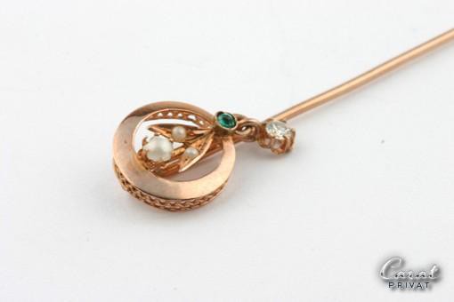 Diamant- und Perlen-Anstecknadel in 14kt. 585 Rosegold Antike Nadel mit Turmalin