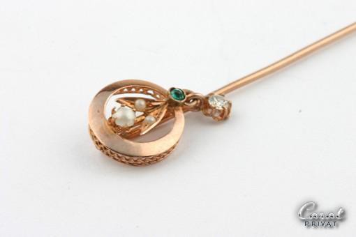 Diamant- und Perlen-Anstecknadel in 14kt. 585 Rosegold Antike Nadel mit Turmalin