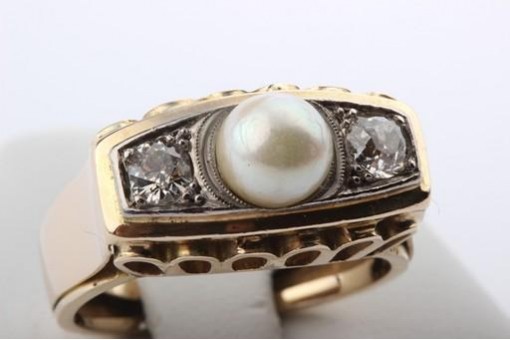 Ring mit Perle und Diamanten Jugendstil antik Perlenring in 585 Gelbgold Gr56