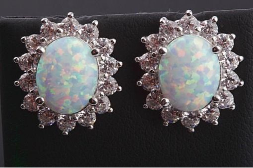 Opal Ohrringe Ohrstecker mit Opalen je 9x7mm in 14k 585 Weißgold mit Zirkonia