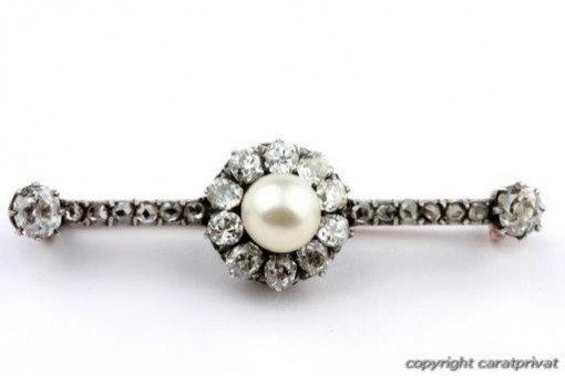 Jugendstil Diamant Perlen Brosche antik mit Brillanten in Silber und mit Gold
