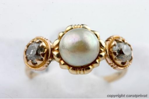 Perlenring Gold 585 mit Perle und 2 Diamanten antik Biedermeier