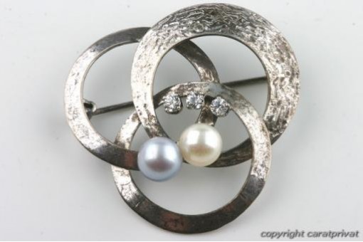 Perlen Brosche Gold mit Perle und Zirkonia in aus 585 14k Weißgold.