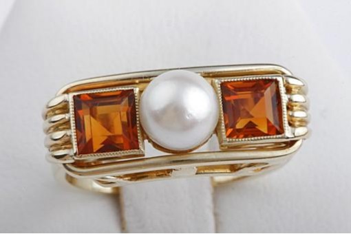 Perlen Ring Akoya und 2 Gold Topase in aus 585 Gelbgold 55 17,5mm