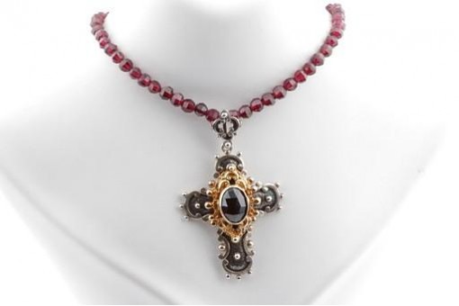 Granat Kreuz Anhänger mit Kette 835 Silber