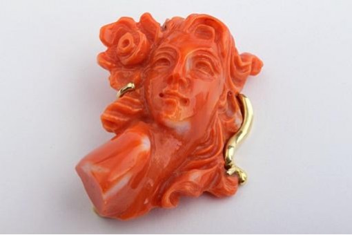 Rote Sardegna Korallen Brosche Gesicht 585 Gelbgold 14K Neu