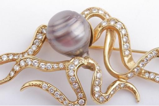 Brosche Nadel Tahiti Perle Brillanten Diamanten 750 Gelbgold