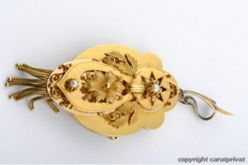 Biedermeier Set Brosche Anhänger Ohrringe antik 585 14kt Gelb gold