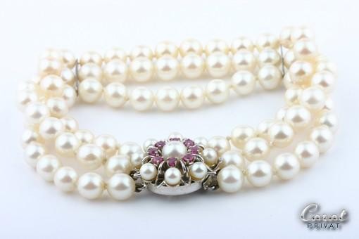 Perlen Armband 14kt 585 Weiß Gold 3-reihig Rubine Zuchtperlen Top