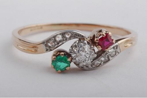 Diamant Ring Rubin Smaragd 585 14K Rot Gold Gr 53 Antik!