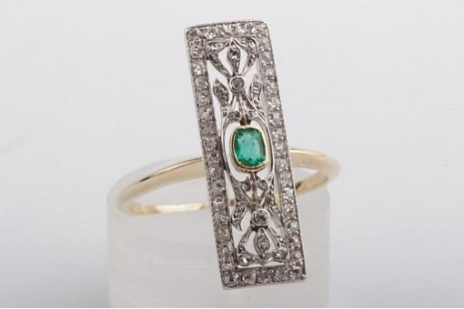 Diamant Ring antik Jugendstil Diamanten Smaragd 585 14K Gelbgold mit Silber