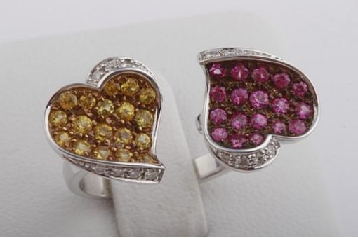 Herz Ring 750 Weißgold 18K rosa und gelbe Saphire und Brillanten Unikat