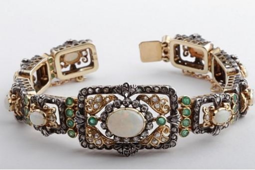 Armband antik Opal Smaragd Diamant 750 18K Gelbgold Länge 17,5cm Jugendstil
