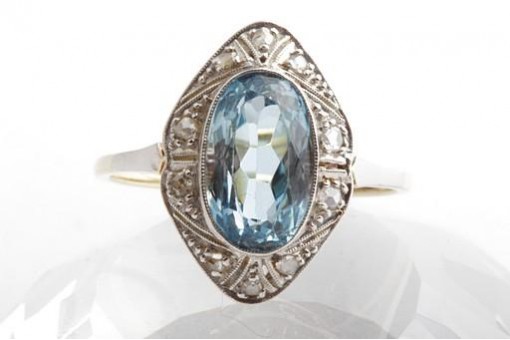 Blautopas Diamant Ring Antik Art Deco 585 14K Gelb Gold Gr. 59