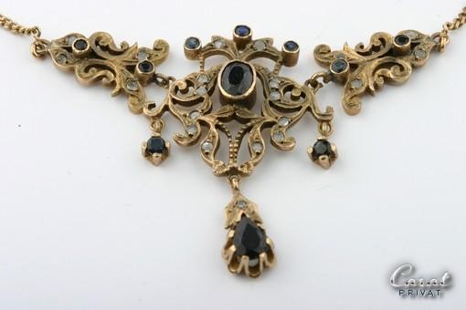 Collier Ohrringe Set antik Jugendstil 585 Gelbgold Diamant Saphir  