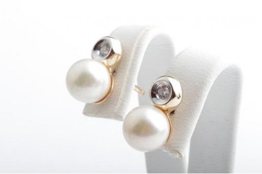 Perlen Ohrringe Ohrstecker 585 14K Gelb Gold Akoya 2 Brillanten 0,04ct