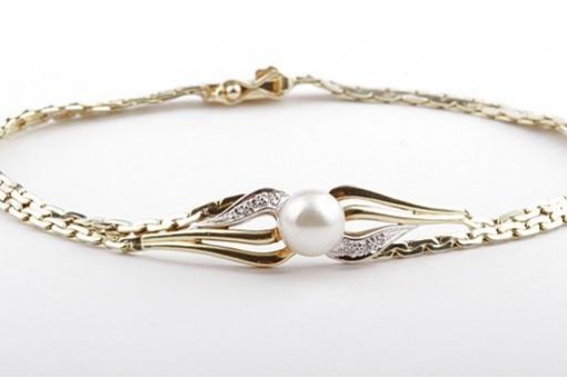 Armband mit Perle 585 14kt Gelb Gold 5 Diamanten Länge 18 cm Top