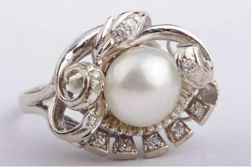 Diamant Ring 14K Weiß Gold 585 Akoya Perle 0,1ct Diamant Antik!