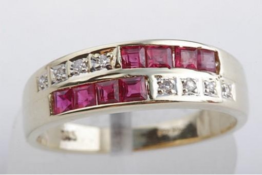 Diamant Rubin Ring Karreschliff Altschliff 585 14K Gelb Gold Top!
