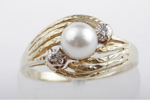 Akoya Perlen Ring 2 Diamanten 585 14K Gelb Gold Gr 52 Top!