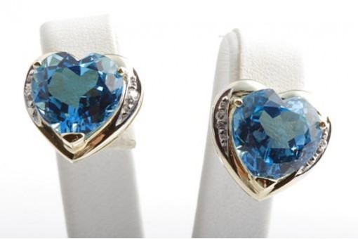 Blautopas Herz Ohrringe Ohrstecker Brillant Diamant 585 14K Gelb Gold