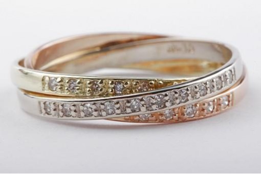Dreier Brillant Diamant Ring ca. 0,22ct Brillanten Tricolor GG WG RG Gr 54