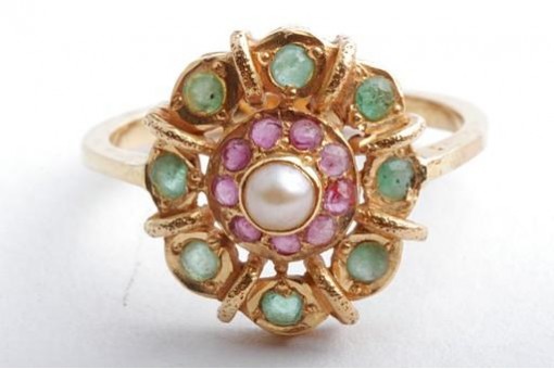 Smaragd Rubin Perlen Ring 22K 916 Gelb Gold Gr. 52