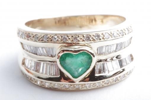 Ring Smaragd Herz Brillanten Baguette Diamanten 585 14K Gelb Gold Gr. 53