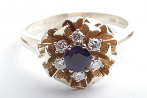Saphir Brillant Diamant Ring 585 14K Gelb Gold Gr. 60