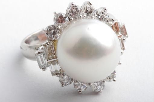 Südsee Perlen Ring Brillant Baguette Diamant 750 18K Weiß Gold Gr. 57