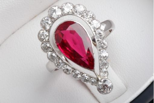 Diamant Ring 585 14K Wei&szlig; Gold mit synth. Rubin 