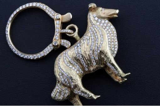 Schl&uuml;ssel Anh&auml;nger Collie Hund 5ct Brillanten Diamanten 750 18K Gelbgold