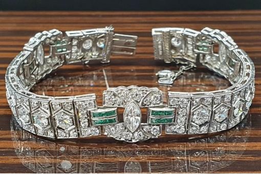 Art Deco Platin Armband antik mit 8ct Diamanten und Smaragden um 1930
