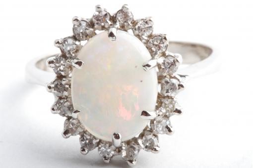 Opal Brillant Diamant Ring 0,18ct 585 14K Wei&szlig; Gold Gr. 56 17,8mm